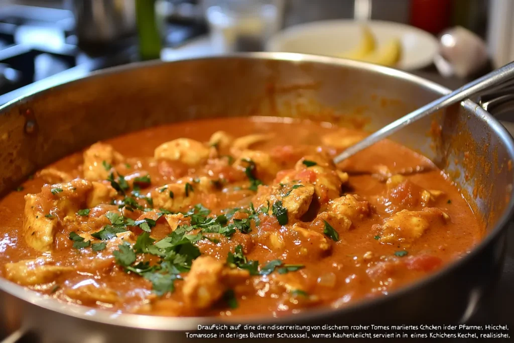 Schrittweise Zubereitung von Butter Chicken – mariniertes Hähnchen, Soße kochen und fertiges Gericht