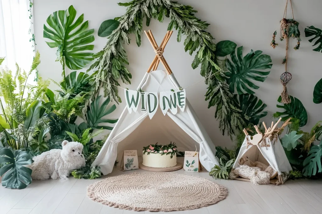 Cake Smash Setup mit „Wild One“-Thema im Waldstil