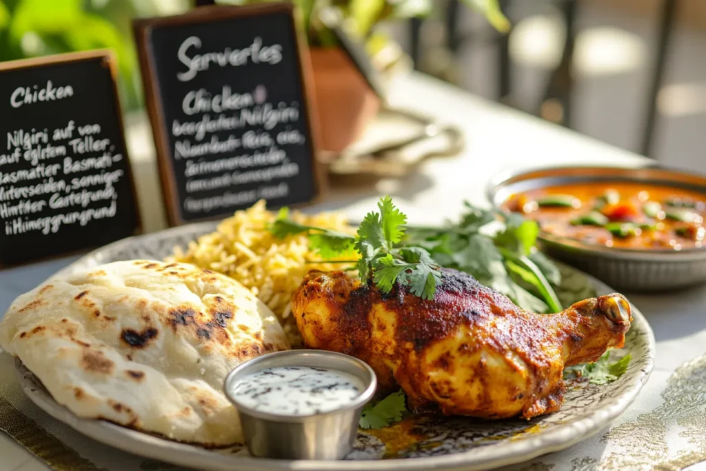 Chicken Nilgiri angerichtet mit Basmatireis und Naanbrot