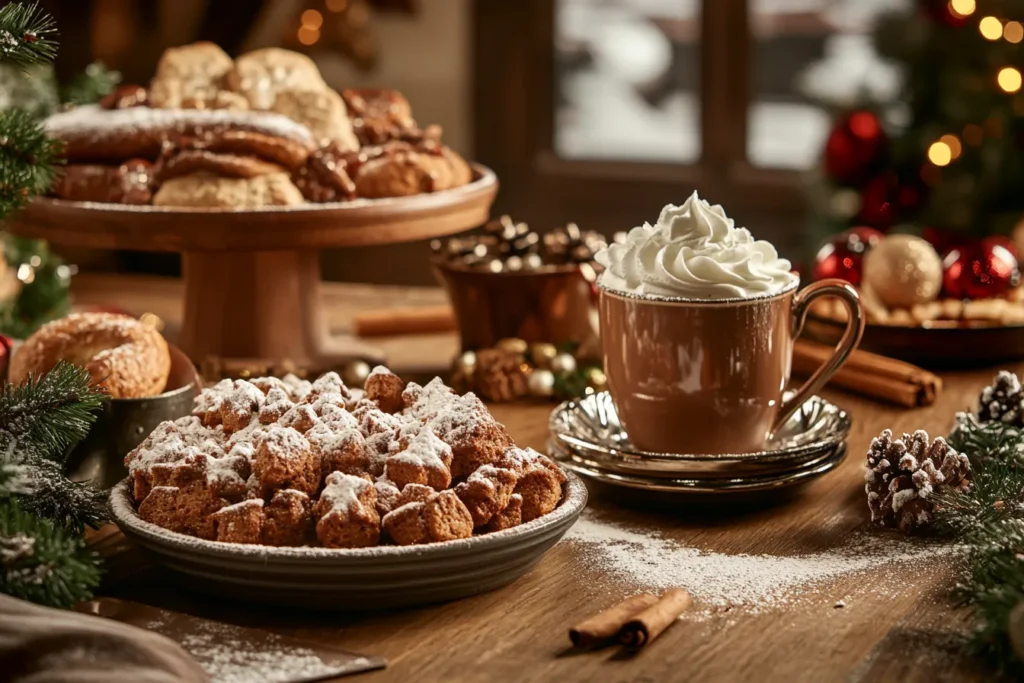 Winter-themed breakfast table with gingerbread and hot cocoa