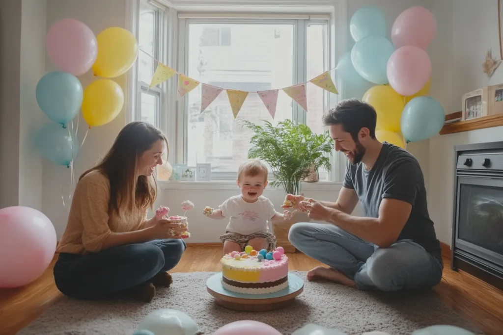 Eltern bauen Cake Smash Set im Wohnzimmer auf