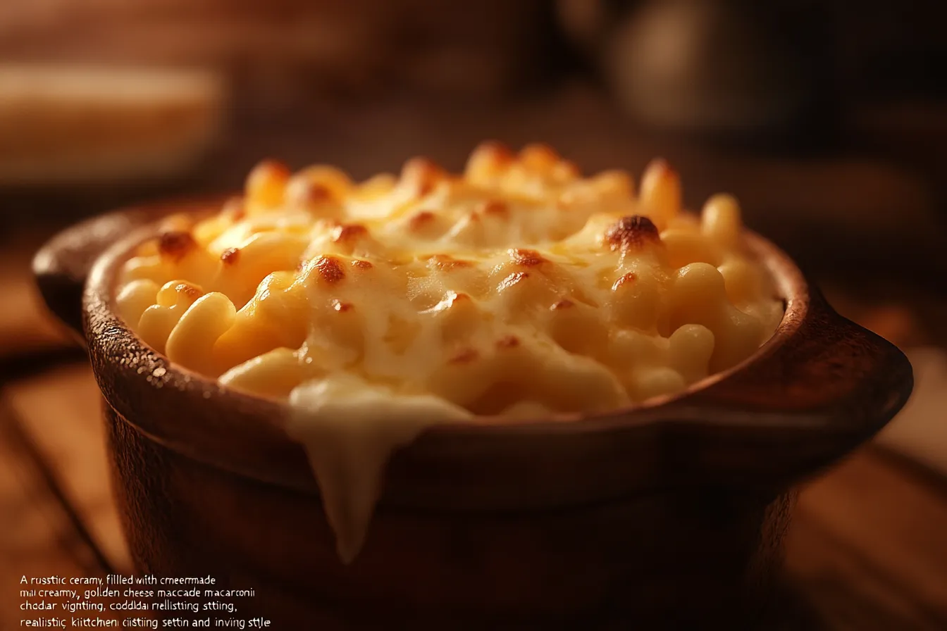 Cremiges selbstgemachtes Mac and Cheese in einer rustikalen Schüssel