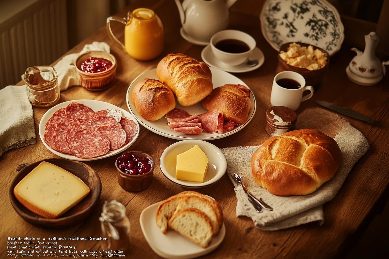 Traditionelles deutsches Frühstückstisch-Setting mit Brötchen, Käse und Aufschnitt