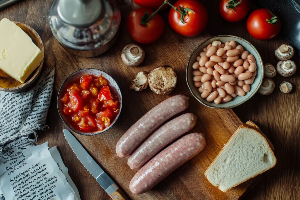 Übersicht über die Zutaten eines englischen Frühstücks auf separaten Tellern