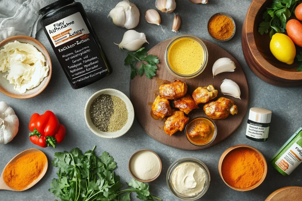 Frische Zutaten für Butter Chicken – Gewürze, Hähnchen, Sahne und Kräuter
