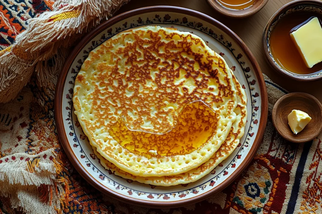 Baghrir-Pfannkuchen mit Honig und Butter auf einem Teller