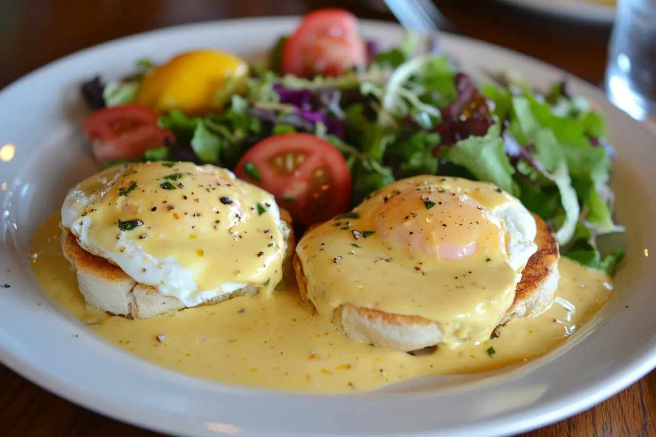 Eggs benedict with hollandaise on a plate