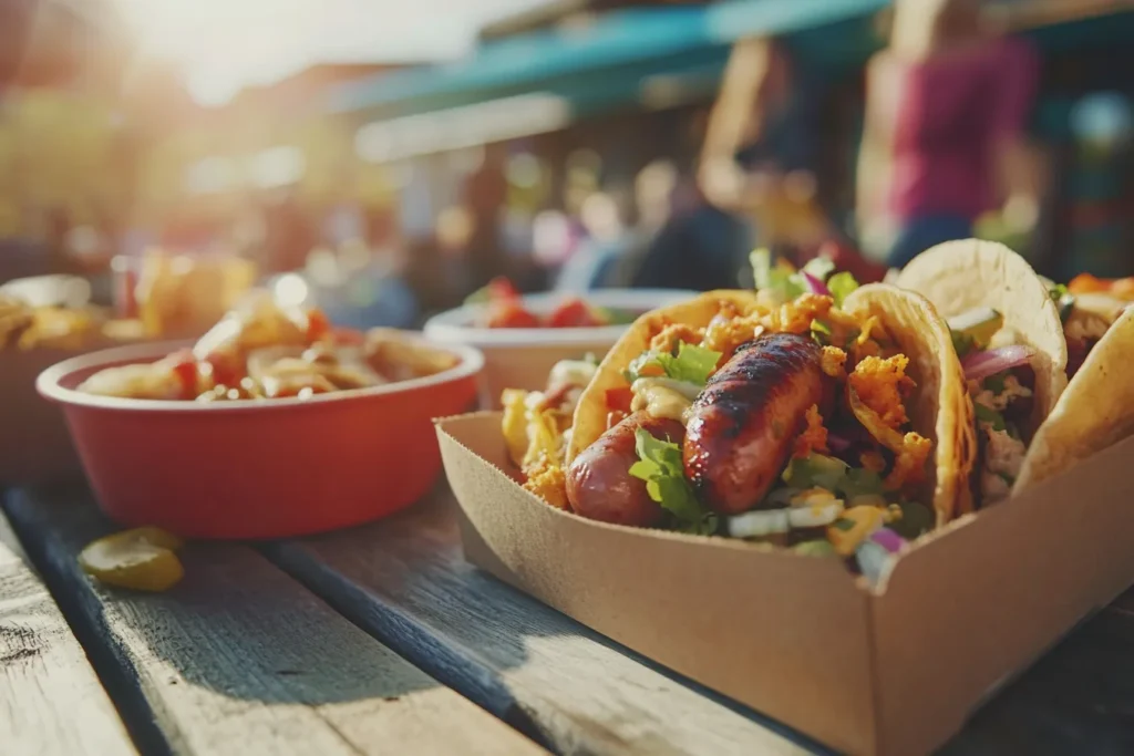 Teller mit Currywurst, Tacos und veganem Wrap