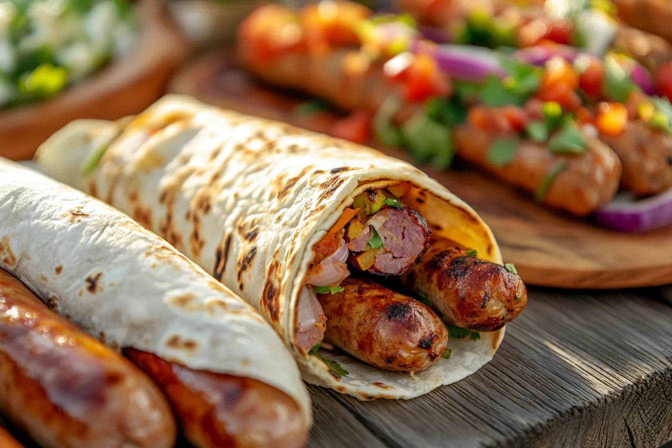 Teller mit Currywurst, Tacos und veganem Wrap