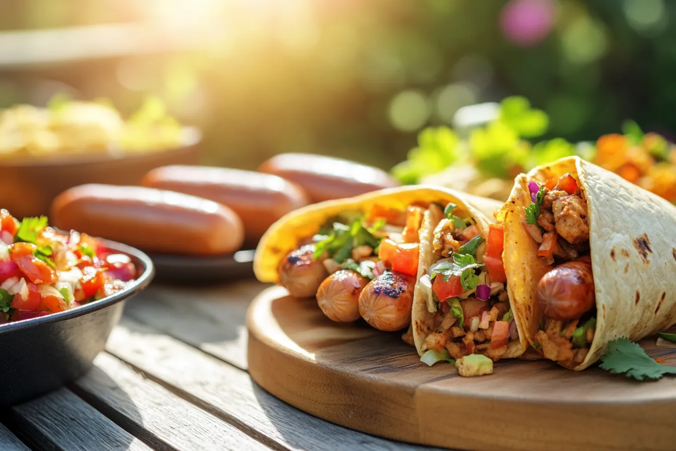 Teller mit Currywurst, Tacos und veganem Wrap