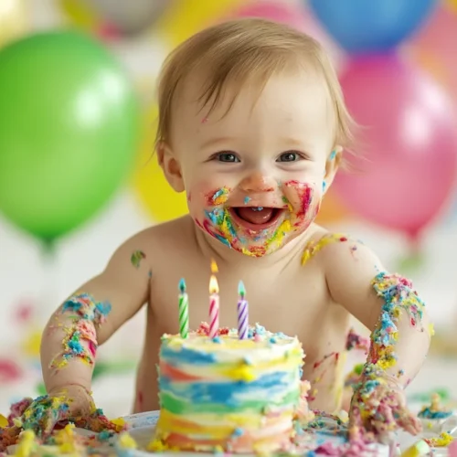 Baby beim Cake Smash mit buntem Kuchen