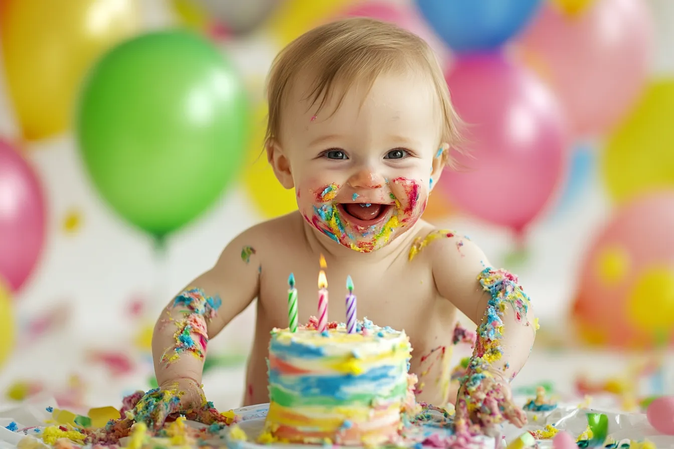 Baby beim Cake Smash mit buntem Kuchen