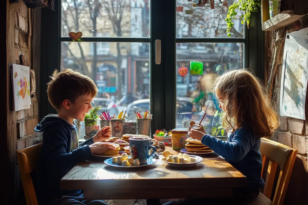 Familie mit Kindern frühstückt in einem kinderfreundlichen Café