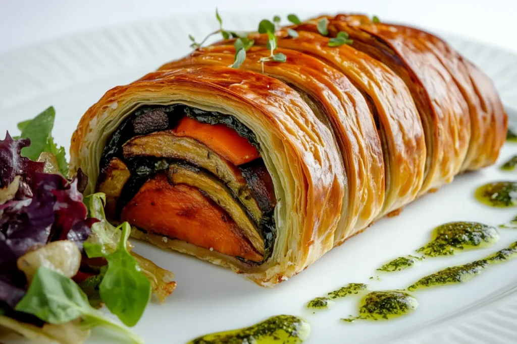 Vegetarisches Wellington mit Gemüsefüllung auf Teller