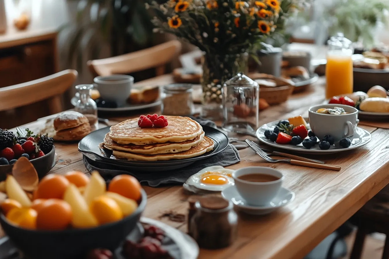 Frisches Frühstück mit Eiern, Pancakes und Obst in einem B&B