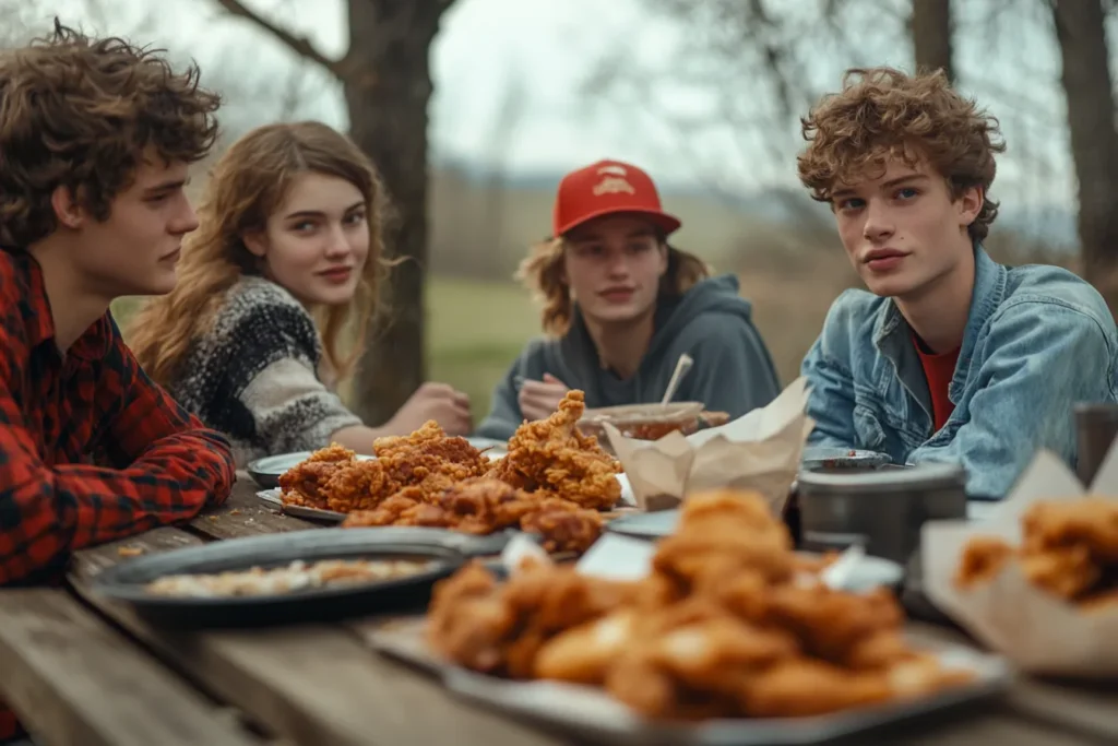 Familie oder Freunde genießen Fried Chicken bei Sonnenuntergang