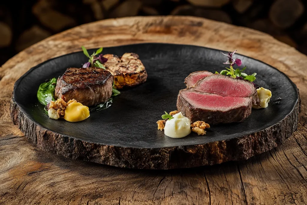 Vergleich von grasgefüttertem und getreidegefüttertem Rindfleisch auf Tellern
