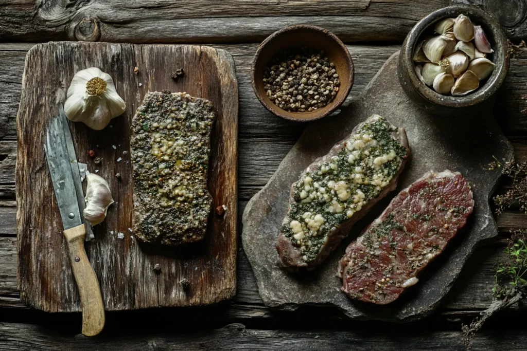 Vergleich von grasgefüttertem und getreidegefüttertem Rindfleisch auf Tellern