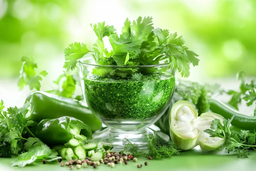 Frische grüne Kräuterpaste aus Koriander und Minze im Mixer