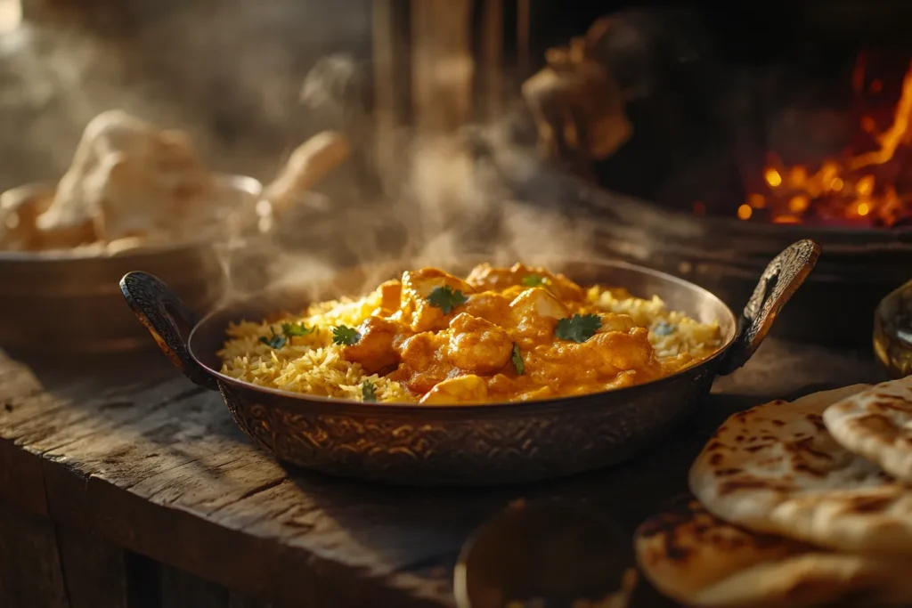 Frisches Butter Chicken in einer traditionellen Kupferschüssel serviert mit Naan und Basmati-Reis
