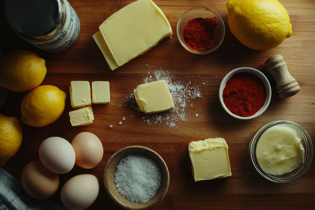 Ingredients for hollandaise laid out on a kitchen counter