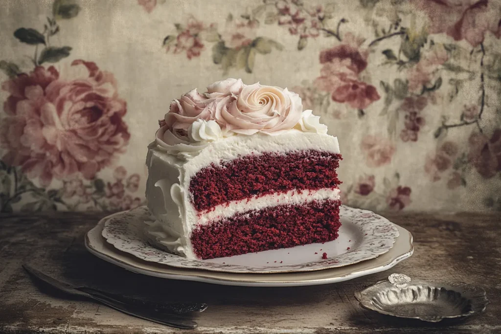 Ein Anschnitt eines klassischen Red Velvet Cakes mit intensiv roter Farbe und cremigem Frischkäsefrosting