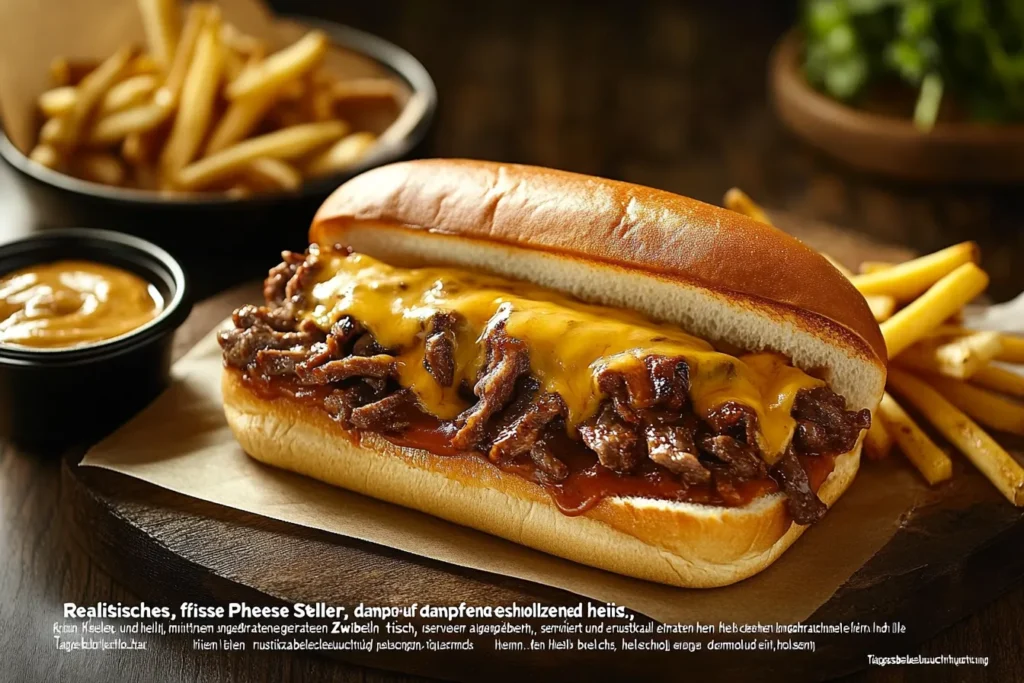 Philly Cheese Steak auf einem Teller, perfekt belegt mit geschmolzenem Käse und Zwiebeln