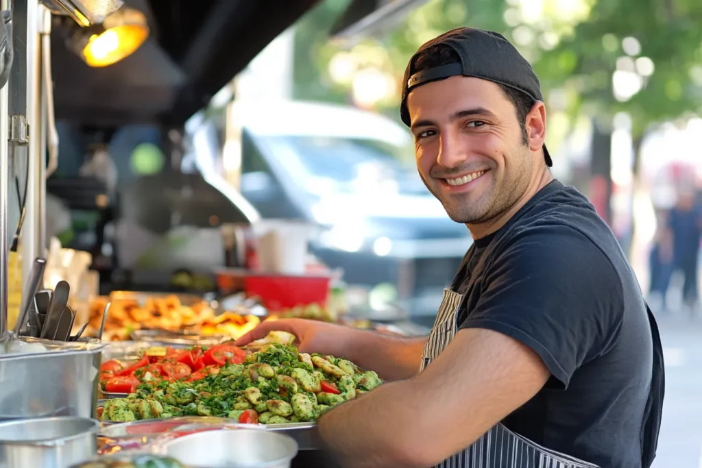 Foodtruck-Besitzer serviert Falafel mit einem Lächeln