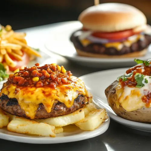 Chili-Käsesauce über Burger, Pommes und Ofenkartoffeln