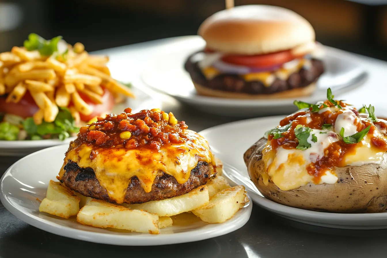 Chili-Käsesauce über Burger, Pommes und Ofenkartoffeln