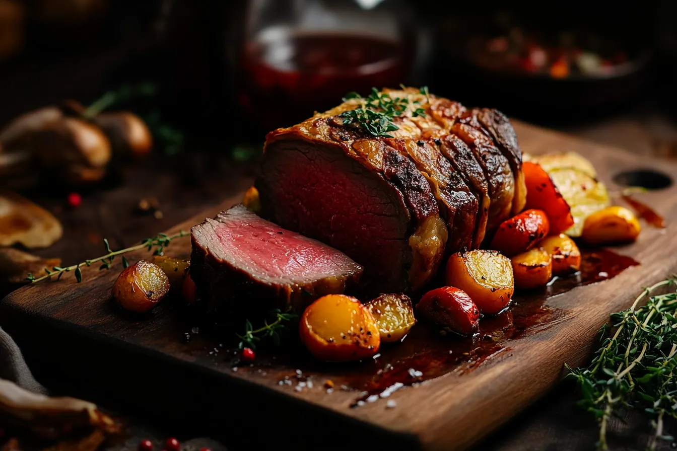 Rindfleisch-Wellington aufgeschnitten auf Holzbrett mit Beilagen