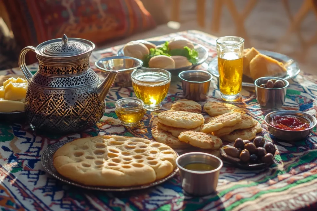 Traditionelles marokkanisches Frühstück mit Tee, Brot, Honig und Amlou