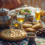 Traditionelles marokkanisches Frühstück mit Tee, Brot, Honig und Amlou