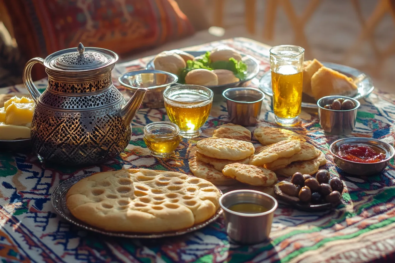 Traditionelles marokkanisches Frühstück mit Tee, Brot, Honig und Amlou
