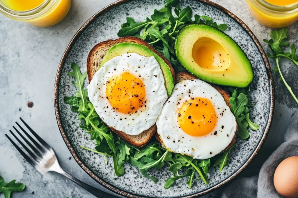 Trendy brunch plate with avocado toast and poached eggs