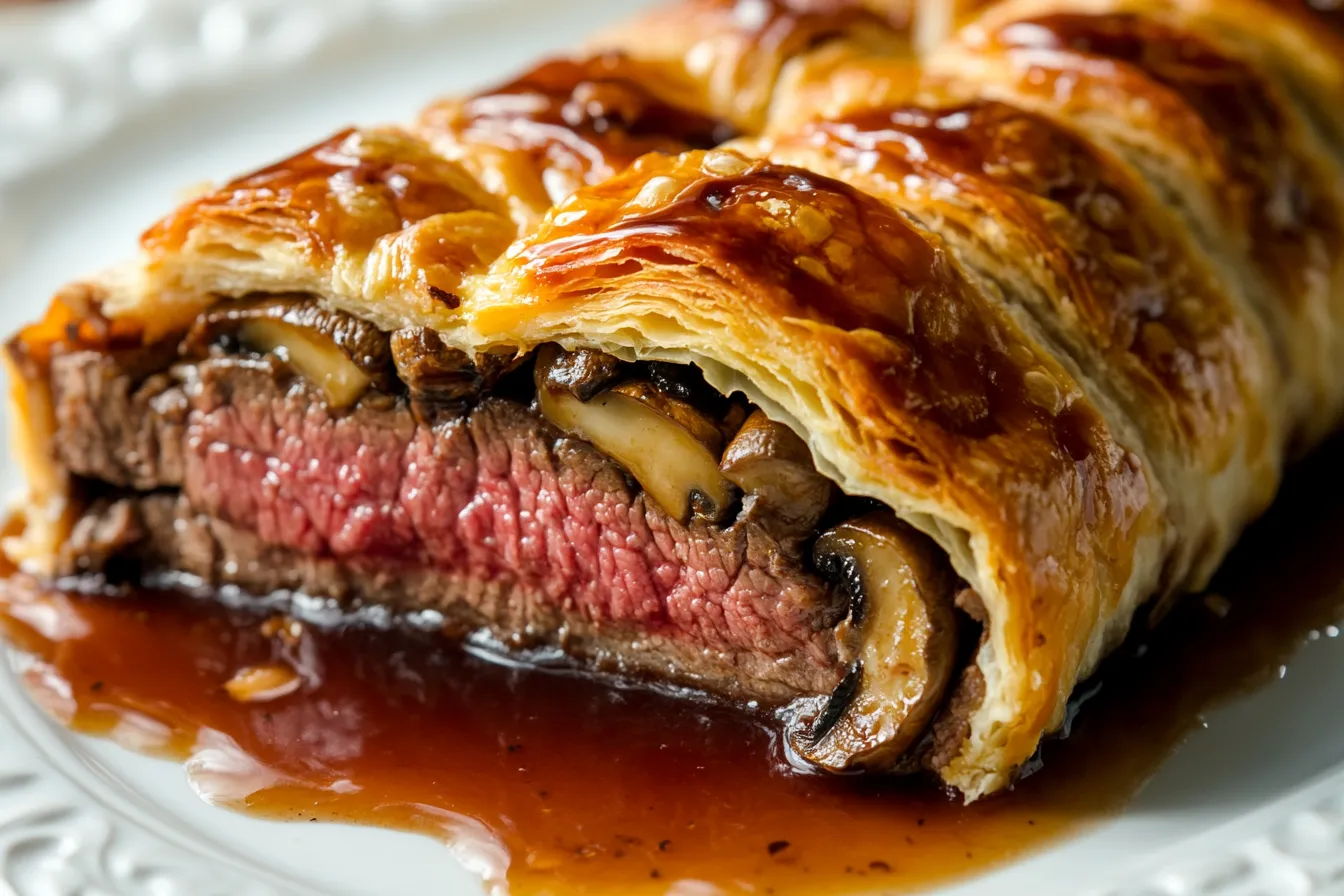 Aufgeschnittenes Wellington mit medium-rare Fleisch und knusprigem Teig