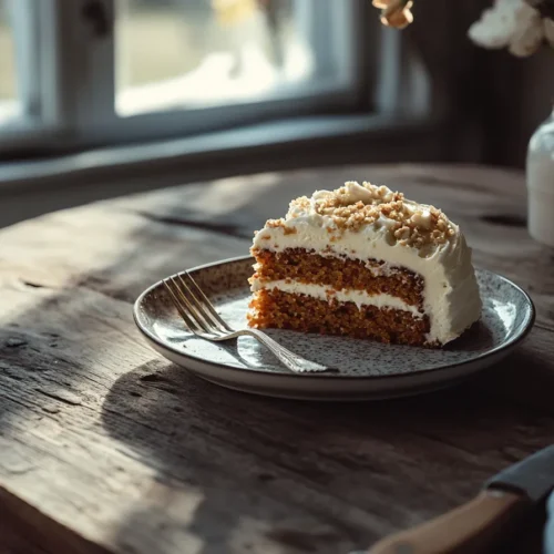 Ein frisch gebackener Karottenkuchen mit Frischkäse-Frosting auf rustikalem Holztisch