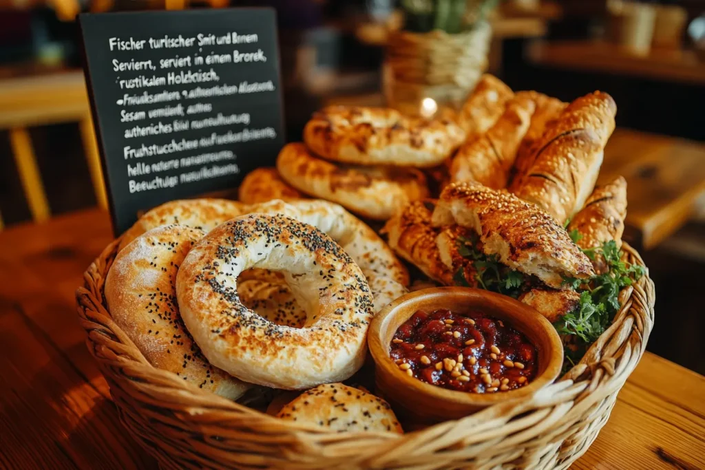 Frischer Simit und Börek auf einem Brotkorb