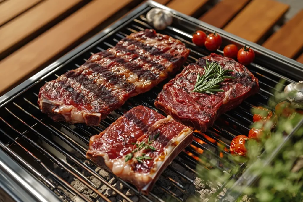 Traditionelles südamerikanisches Asado mit verschiedenen Fleischstücken auf Holzkohlegrill