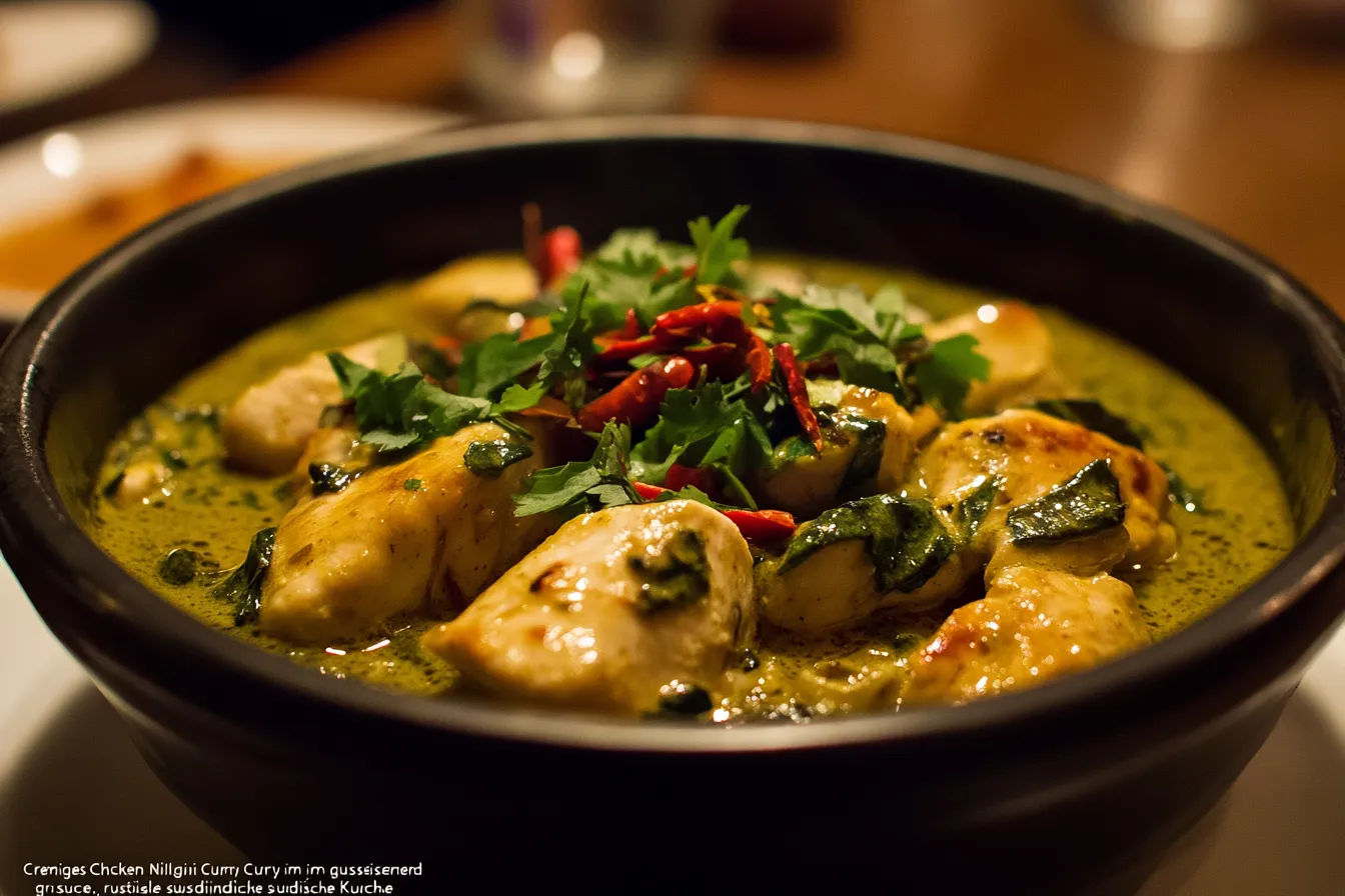 Hühnchenstücke in cremiger grüner Sauce in einer Pfanne