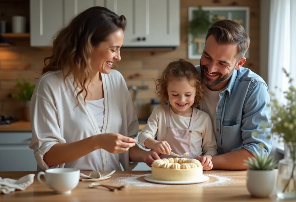 Familie backt zusammen Kuchen in der Küche