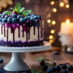 A full blueberry cheesecake cake on a white stand
