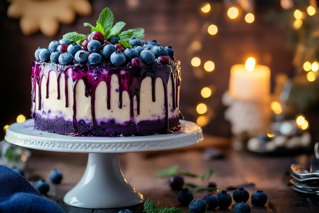 A full blueberry cheesecake cake on a white stand