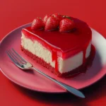A slice of cheesecake strawberry cake on a white plate