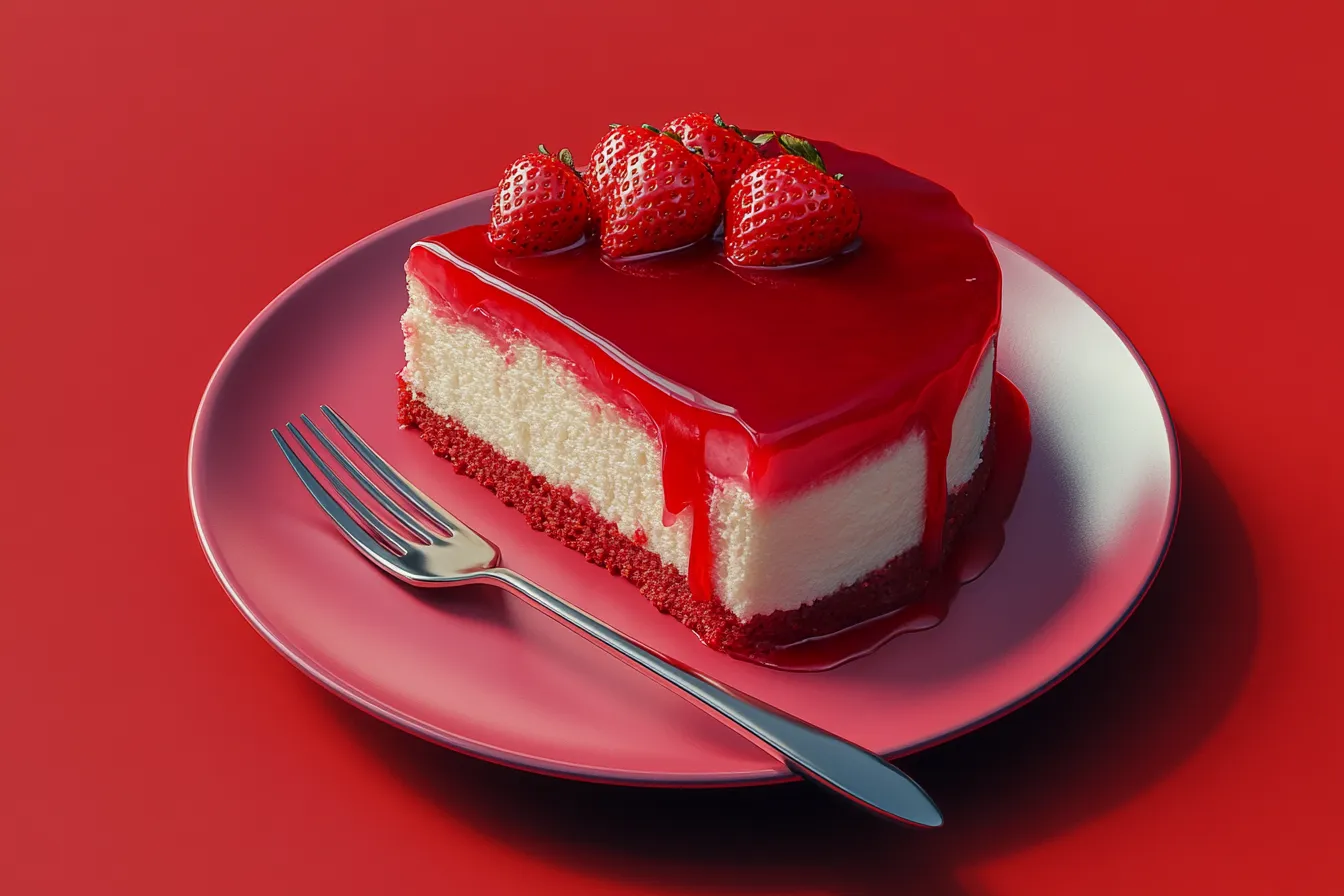 A slice of cheesecake strawberry cake on a white plate