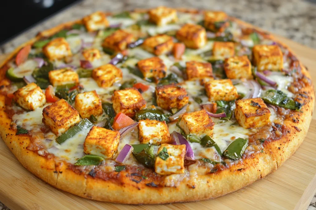 Paneer Tikka Pizza mit geschmolzenem Käse