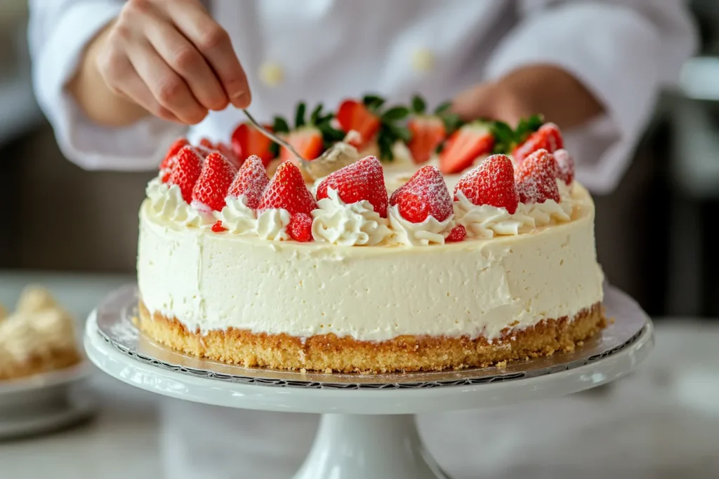 Chef garnishing a cake with strawberries