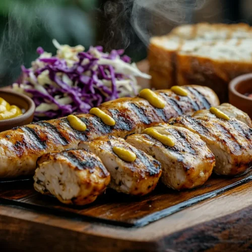 Gegrillte Chicken Frankfurter mit Beilagen auf einem rustikalen Holzbrett