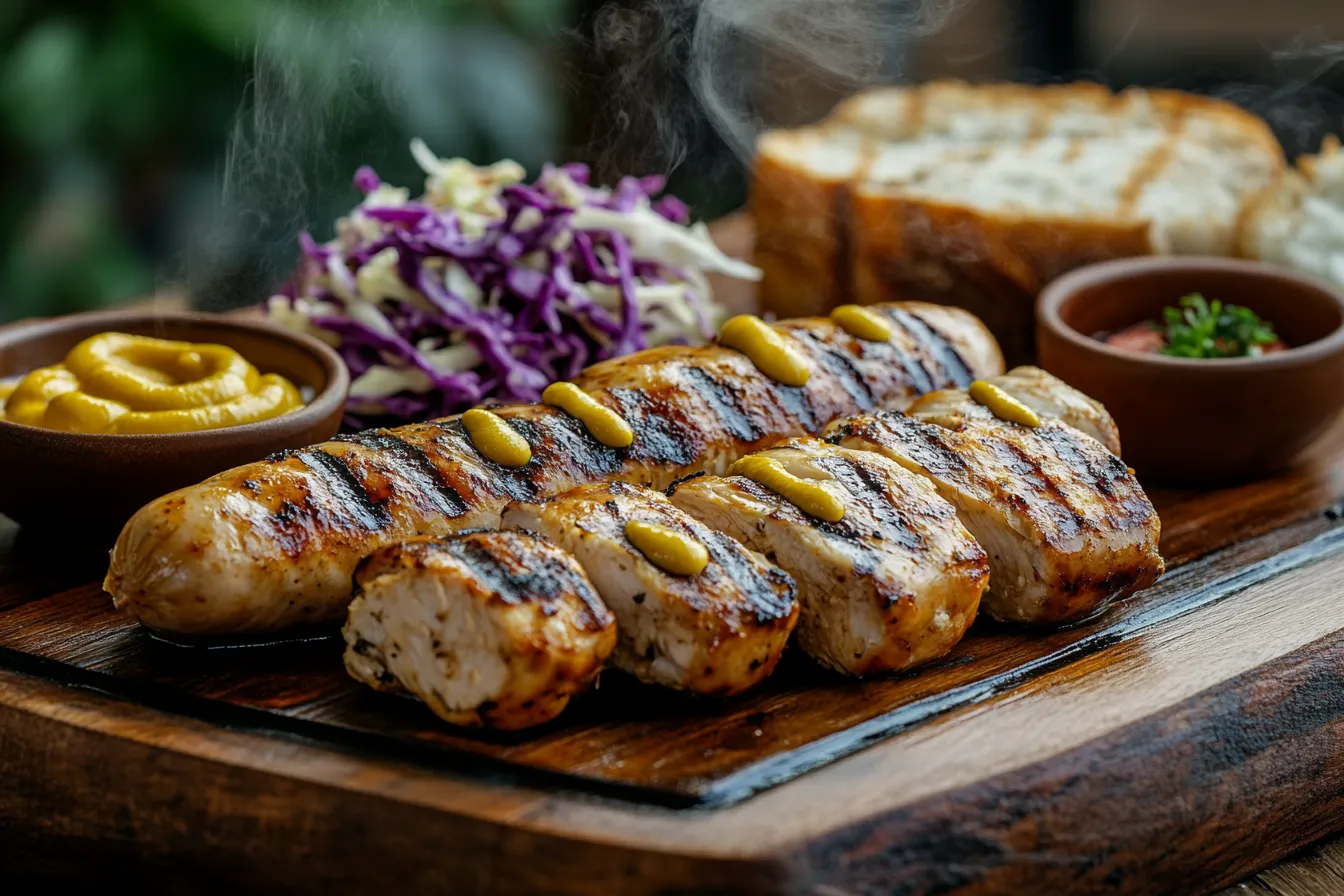 Gegrillte Chicken Frankfurter mit Beilagen auf einem rustikalen Holzbrett