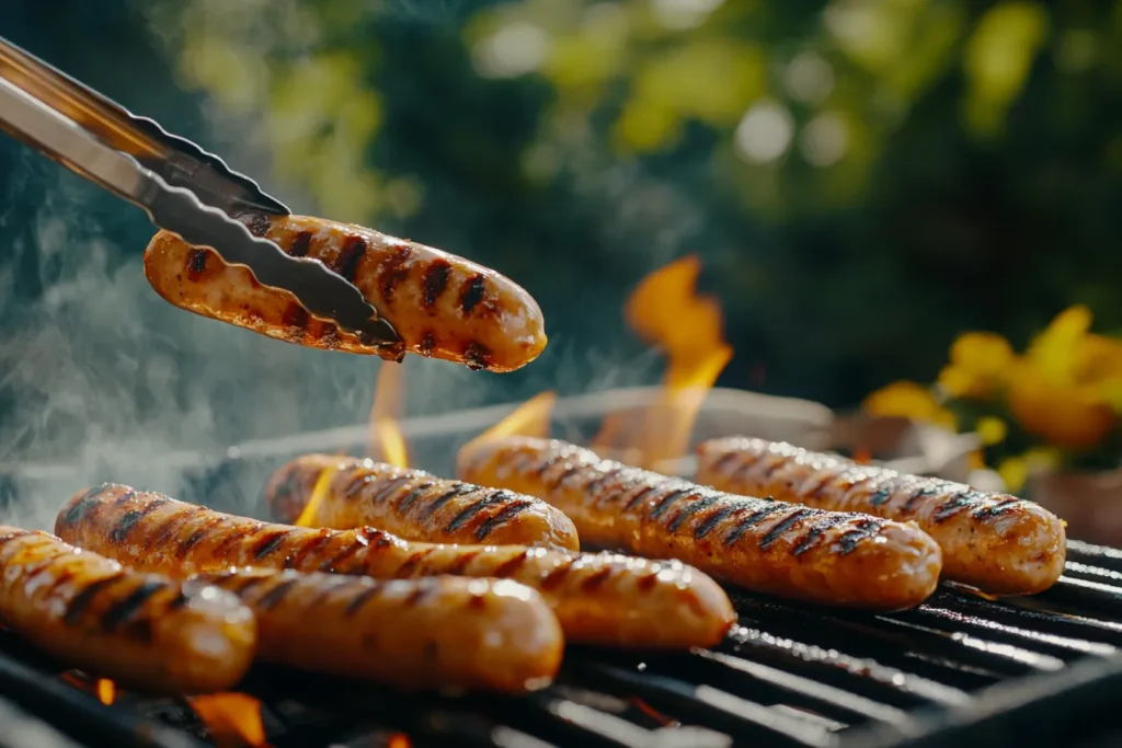 Chicken Frankfurter auf dem Grill mit Grillzange